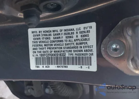 2019 Honda Civic Lx from USA, damaged, VIN 19XFC2F6XKE018332